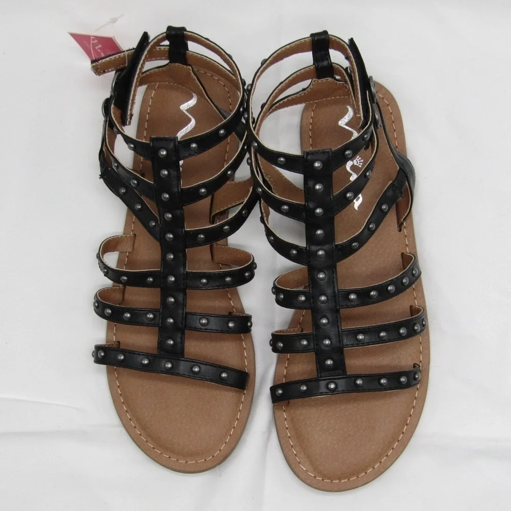 New Nina Kids Girl’s Edie Studded Gladiator Sandal in Black Smooth Sz 6